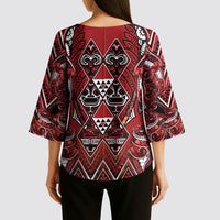 Aotearoa Te Arawa Kimono Sleeve Blouse Maori Tribal Dark Red Paua Shell Pattern