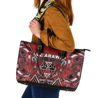 Aotearoa Te Arawa Leather Tote Bag Maori Tribal Dark Red Paua Shell Pattern