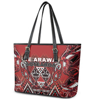 Aotearoa Te Arawa Leather Tote Bag Maori Tribal Dark Red Paua Shell Pattern