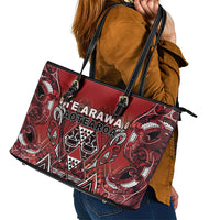 Aotearoa Te Arawa Leather Tote Bag Maori Tribal Dark Red Paua Shell Pattern