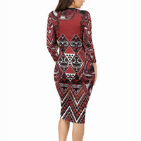 Aotearoa Te Arawa Long Sleeve Bodycon Dress Maori Tribal Dark Red Paua Shell Pattern