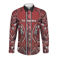 Aotearoa Te Arawa Long Sleeve Button Shirt Maori Tribal Dark Red Paua Shell Pattern