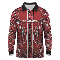 Aotearoa Te Arawa Long Sleeve Polo Shirt Maori Tribal Dark Red Paua Shell Pattern