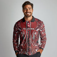 Aotearoa Te Arawa Long Sleeve Polo Shirt Maori Tribal Dark Red Paua Shell Pattern
