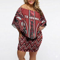 Aotearoa Te Arawa Off Shoulder Short Dress Maori Tribal Dark Red Paua Shell Pattern