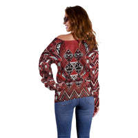 Aotearoa Te Arawa Off Shoulder Sweater Maori Tribal Dark Red Paua Shell Pattern