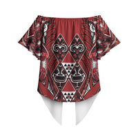 Aotearoa Te Arawa Off Shoulder Wrap Waist Top Maori Tribal Dark Red Paua Shell Pattern