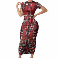 Aotearoa Te Arawa Short Sleeve Bodycon Dress Maori Tribal Dark Red Paua Shell Pattern