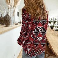 Aotearoa Te Arawa Women Casual Shirt Maori Tribal Dark Red Paua Shell Pattern