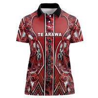Aotearoa Te Arawa Women Polo Shirt Maori Tribal Dark Red Paua Shell Pattern