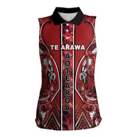 Aotearoa Te Arawa Women Sleeveless Polo Shirt Maori Tribal Dark Red Paua Shell Pattern