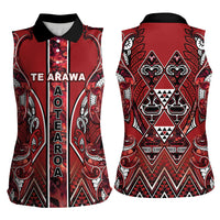 Aotearoa Te Arawa Women Sleeveless Polo Shirt Maori Tribal Dark Red Paua Shell Pattern