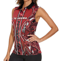 Aotearoa Te Arawa Women Sleeveless Polo Shirt Maori Tribal Dark Red Paua Shell Pattern