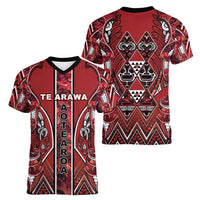 Aotearoa Te Arawa Women V-Neck T-Shirt Maori Tribal Dark Red Paua Shell Pattern