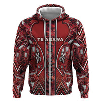 Aotearoa Te Arawa Zip Hoodie Maori Tribal Dark Red Paua Shell Pattern