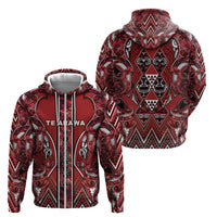 Aotearoa Te Arawa Zip Hoodie Maori Tribal Dark Red Paua Shell Pattern
