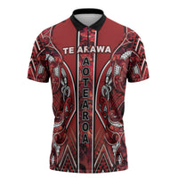 Aotearoa Te Arawa Zipper Polo Shirt Maori Tribal Dark Red Paua Shell Pattern