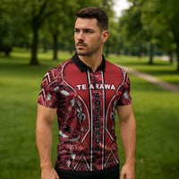 Aotearoa Te Arawa Zipper Polo Shirt Maori Tribal Dark Red Paua Shell Pattern