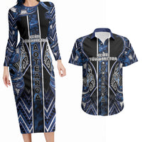 Aotearoa Tuwharetoa Couples Matching Long Sleeve Bodycon Dress and Hawaiian Shirt Maori Tribal Navy Paua Shell Pattern