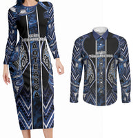 Aotearoa Tuwharetoa Couples Matching Long Sleeve Bodycon Dress and Long Sleeve Button Shirt Maori Tribal Navy Paua Shell Pattern