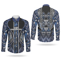 Aotearoa Tuwharetoa Couples Matching Long Sleeve Bodycon Dress and Long Sleeve Button Shirt Maori Tribal Navy Paua Shell Pattern