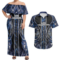 Aotearoa Tuwharetoa Couples Matching Off Shoulder Maxi Dress and Hawaiian Shirt Maori Tribal Navy Paua Shell Pattern