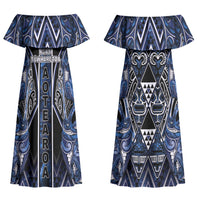 Aotearoa Tuwharetoa Couples Matching Off Shoulder Maxi Dress and Long Sleeve Button Shirt Maori Tribal Navy Paua Shell Pattern