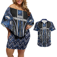 Aotearoa Tuwharetoa Couples Matching Off Shoulder Short Dress and Hawaiian Shirt Maori Tribal Navy Paua Shell Pattern