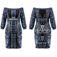 Aotearoa Tuwharetoa Couples Matching Off The Shoulder Long Sleeve Dress and Hawaiian Shirt Maori Tribal Navy Paua Shell Pattern