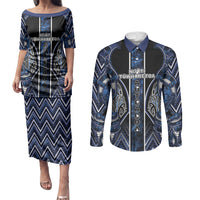 Aotearoa Tuwharetoa Couples Matching Puletasi and Long Sleeve Button Shirt Maori Tribal Navy Paua Shell Pattern
