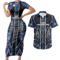 Aotearoa Tuwharetoa Couples Matching Short Sleeve Bodycon Dress and Hawaiian Shirt Maori Tribal Navy Paua Shell Pattern