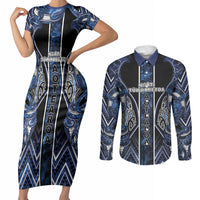 Aotearoa Tuwharetoa Couples Matching Short Sleeve Bodycon Dress and Long Sleeve Button Shirt Maori Tribal Navy Paua Shell Pattern