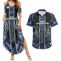 Aotearoa Tuwharetoa Couples Matching Summer Maxi Dress and Hawaiian Shirt Maori Tribal Navy Paua Shell Pattern