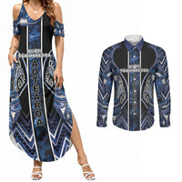 Aotearoa Tuwharetoa Couples Matching Summer Maxi Dress and Long Sleeve Button Shirt Maori Tribal Navy Paua Shell Pattern