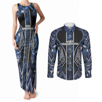 Aotearoa Tuwharetoa Couples Matching Tank Maxi Dress and Long Sleeve Button Shirt Maori Tribal Navy Paua Shell Pattern