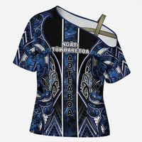 Aotearoa Tuwharetoa Cross Shoulder Shirt Maori Tribal Navy Paua Shell Pattern