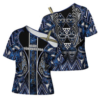 Aotearoa Tuwharetoa Cross Shoulder Shirt Maori Tribal Navy Paua Shell Pattern
