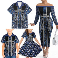 Aotearoa Tuwharetoa Family Matching Off The Shoulder Long Sleeve Dress and Hawaiian Shirt Maori Tribal Navy Paua Shell Pattern
