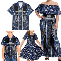 Aotearoa Tuwharetoa Family Matching Off Shoulder Maxi Dress and Hawaiian Shirt Maori Tribal Navy Paua Shell Pattern