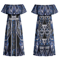 Aotearoa Tuwharetoa Family Matching Off Shoulder Maxi Dress and Hawaiian Shirt Maori Tribal Navy Paua Shell Pattern