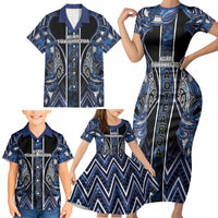 Aotearoa Tuwharetoa Family Matching Short Sleeve Bodycon Dress and Hawaiian Shirt Maori Tribal Navy Paua Shell Pattern