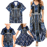 Aotearoa Tuwharetoa Family Matching Summer Maxi Dress and Hawaiian Shirt Maori Tribal Navy Paua Shell Pattern