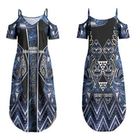Aotearoa Tuwharetoa Family Matching Summer Maxi Dress and Hawaiian Shirt Maori Tribal Navy Paua Shell Pattern