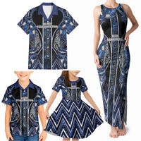 Aotearoa Tuwharetoa Family Matching Tank Maxi Dress and Hawaiian Shirt Maori Tribal Navy Paua Shell Pattern