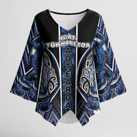 Aotearoa Tuwharetoa Kimono Sleeve Blouse Maori Tribal Navy Paua Shell Pattern