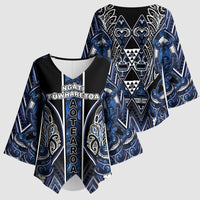Aotearoa Tuwharetoa Kimono Sleeve Blouse Maori Tribal Navy Paua Shell Pattern