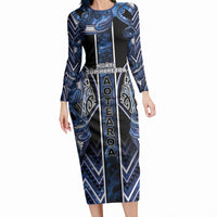 Aotearoa Tuwharetoa Long Sleeve Bodycon Dress Maori Tribal Navy Paua Shell Pattern
