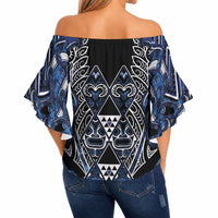 Aotearoa Tuwharetoa Off Shoulder Wrap Waist Top Maori Tribal Navy Paua Shell Pattern