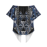 Aotearoa Tuwharetoa Off Shoulder Wrap Waist Top Maori Tribal Navy Paua Shell Pattern