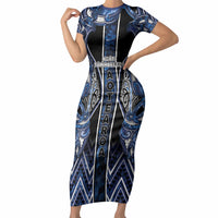 Aotearoa Tuwharetoa Short Sleeve Bodycon Dress Maori Tribal Navy Paua Shell Pattern